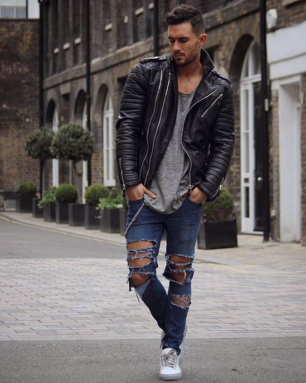 Leather Jacket with Ripped Jeans